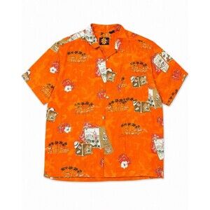 Bull’s Eye Orange Rayon Hawaiian Travel Print Camp Collar Aloha Shirt M